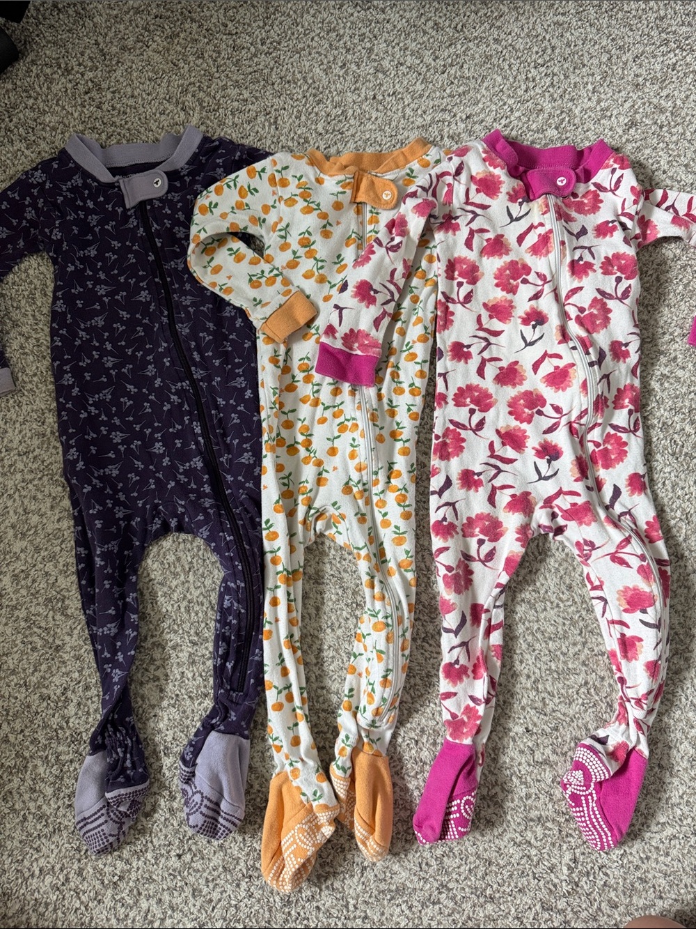 3-Pack Cozy Footed One-Pieces for Kids - Purple, Orange Print, Pink Floral